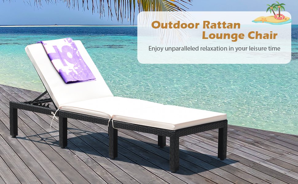 Honhorrs Seven-Position Patio Chaise Lounge, Woven PE Rattan with Cushion Ties and Eight-Leg Support detail