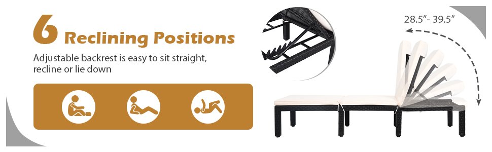 Honhorrs Seven-Position Patio Chaise Lounge, Woven PE Rattan with Cushion Ties and Eight-Leg Support detail