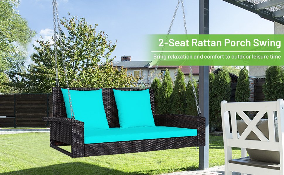 Honhorrs Two-Person Wicker Hanging Porch Swing, Steel Chains with Seat Cushion and Two Back Pads detail