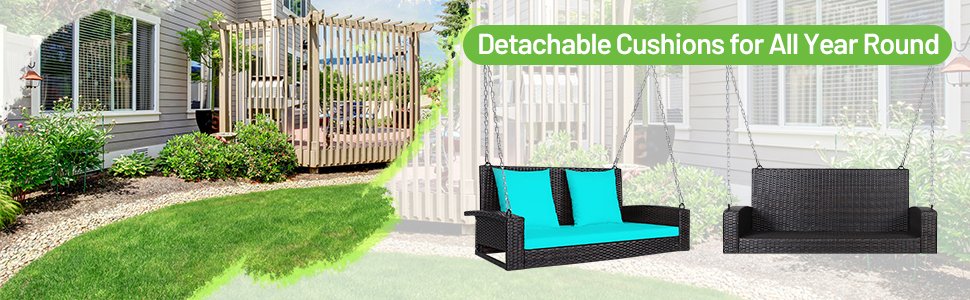 Honhorrs Two-Person Wicker Hanging Porch Swing, Steel Chains with Seat Cushion and Two Back Pads detail