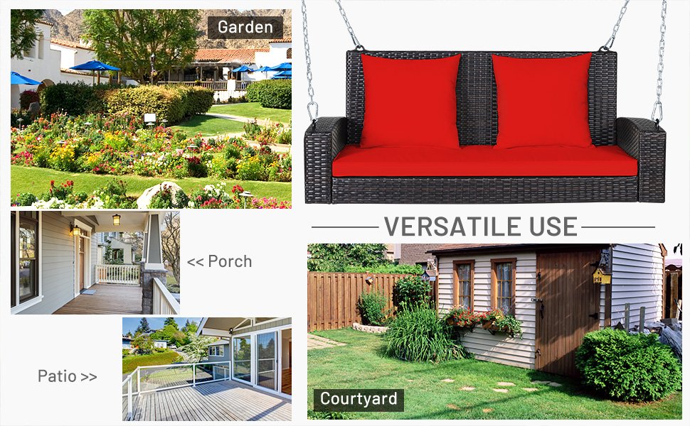 Honhorrs Two-Person Wicker Hanging Porch Swing, Steel Chains with Seat Cushion and Two Back Pads detail