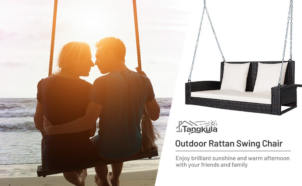 Honhorrs Two-Person Wicker Hanging Porch Swing, Steel Chains with Seat Cushion and Two Back Pads detail
