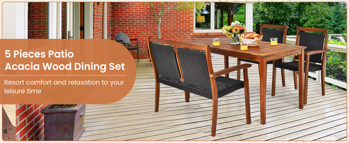 Honhorrs Acacia and Rattan Patio Dining Set: Table, Loveseat and Two Chairs with Tuck-Away Storage detail
