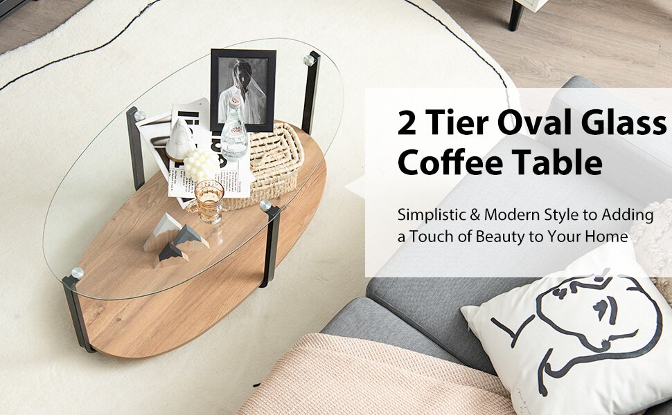 Honhorrs Oval Coffee Table with Tempered-Glass Top, Wooden Lower Shelf and Adjustable Floor Pads detail