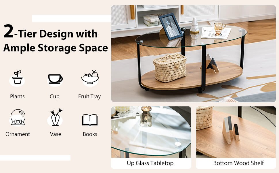 Honhorrs Oval Coffee Table with Tempered-Glass Top, Wooden Lower Shelf and Adjustable Floor Pads detail