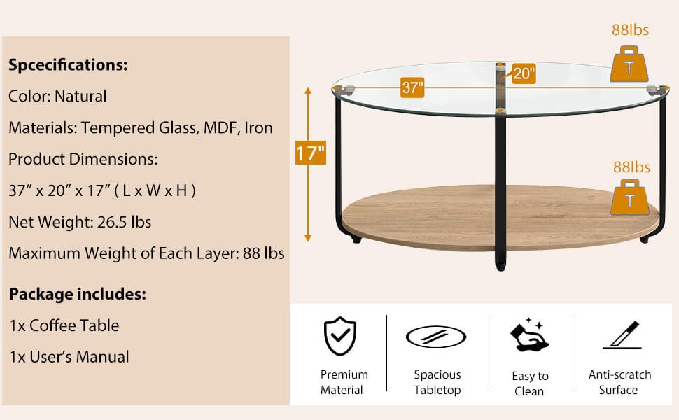 Honhorrs Oval Coffee Table with Tempered-Glass Top, Wooden Lower Shelf and Adjustable Floor Pads detail