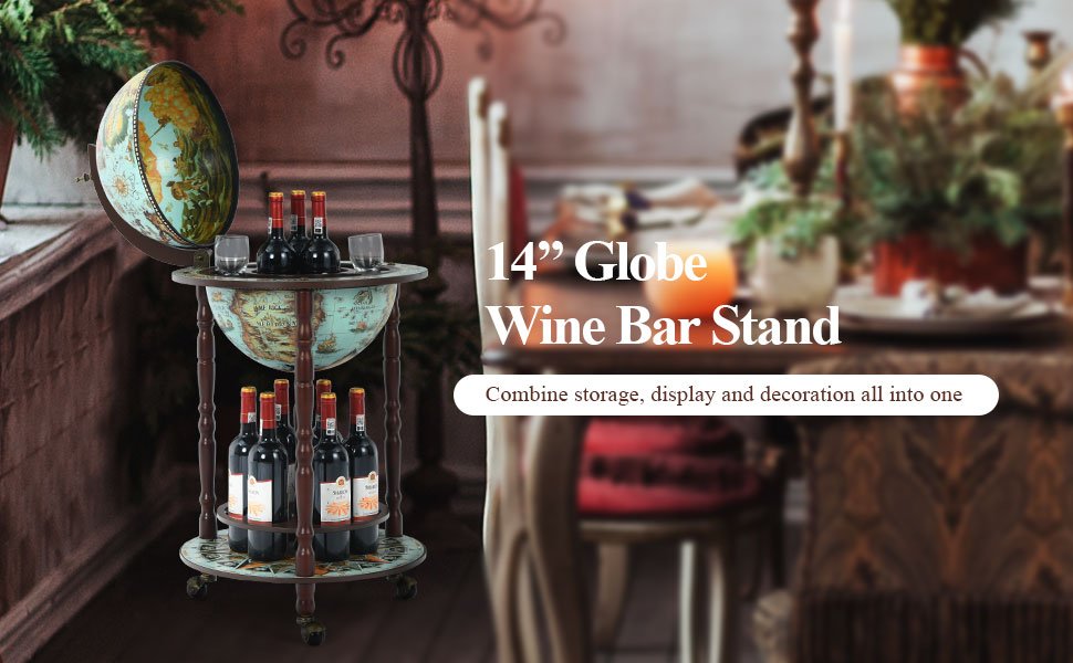 Honhorrs 17-Inch Globe Drinks Cart, Historic Map Design with Wood Legs, Lower Shelf and Casters detail
