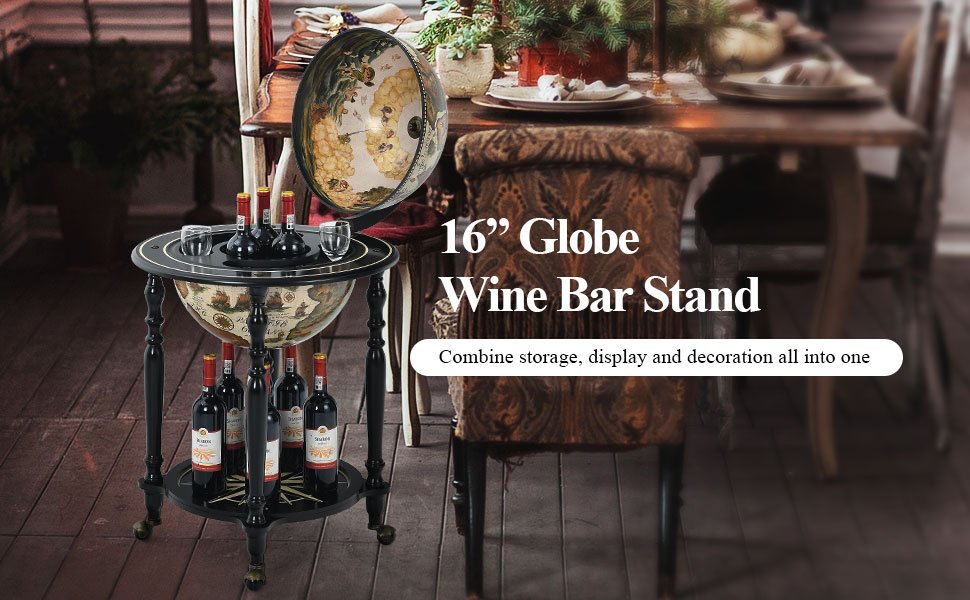 Honhorrs Nautical-Chart Globe Wine Cabinet on Wheels, Two Storage Levels and Solid Wood Legs detail
