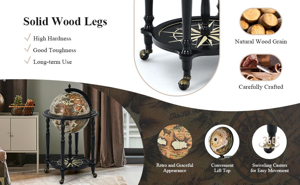 Honhorrs Nautical-Chart Globe Wine Cabinet on Wheels, Two Storage Levels and Solid Wood Legs detail