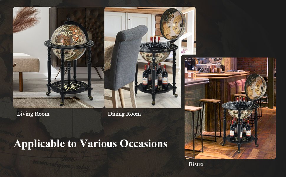 Honhorrs Nautical-Chart Globe Wine Cabinet on Wheels, Two Storage Levels and Solid Wood Legs detail