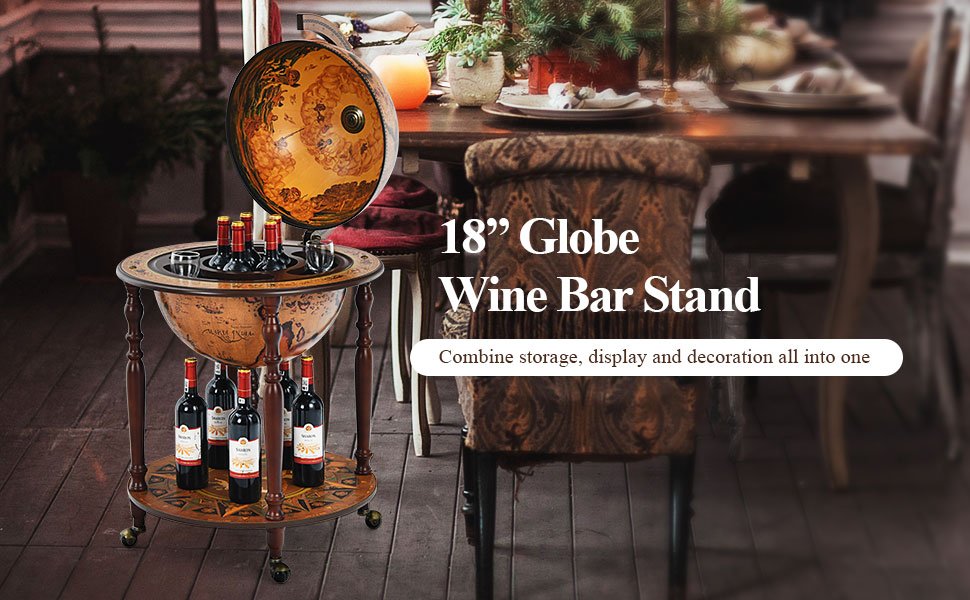 Honhorrs Globe-Style Rolling Wine Cabinet, Lift-Top Bottle Storage with Wood Legs and a Lower Shelf detail