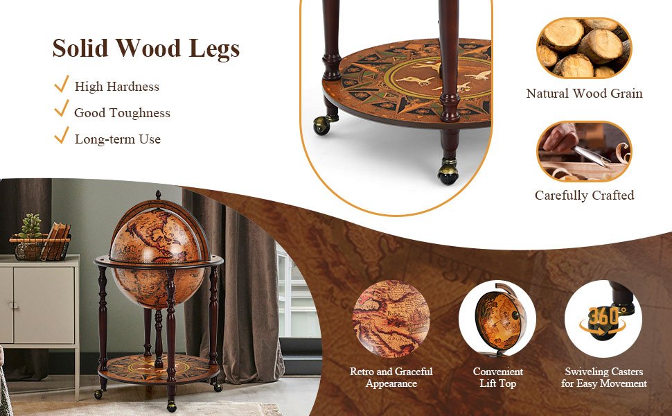 Honhorrs Globe-Style Rolling Wine Cabinet, Lift-Top Bottle Storage with Wood Legs and a Lower Shelf detail