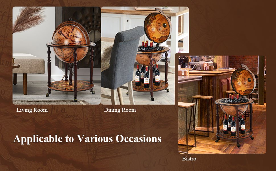 Honhorrs Globe-Style Rolling Wine Cabinet, Lift-Top Bottle Storage with Wood Legs and a Lower Shelf detail