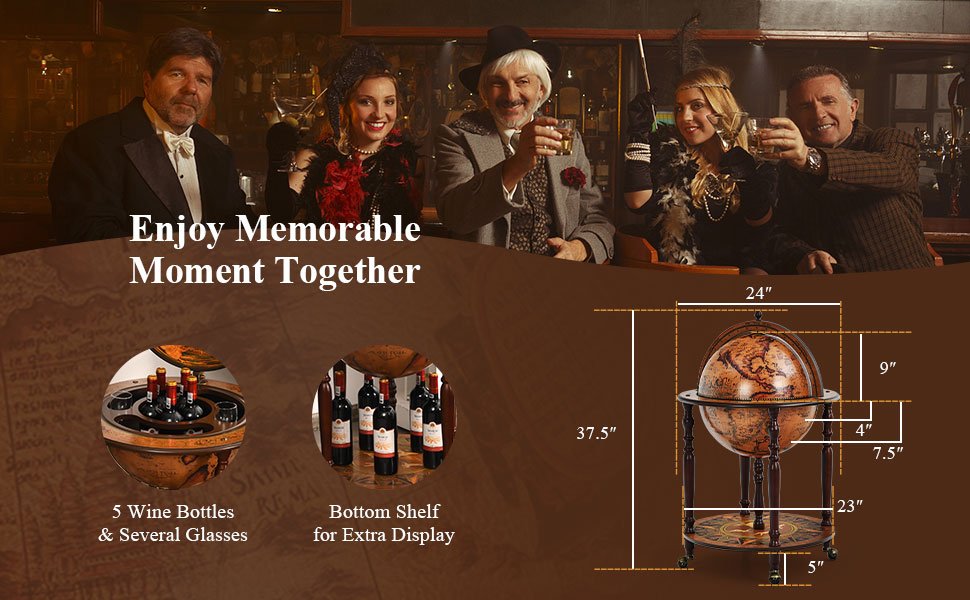 Honhorrs Globe-Style Rolling Wine Cabinet, Lift-Top Bottle Storage with Wood Legs and a Lower Shelf detail