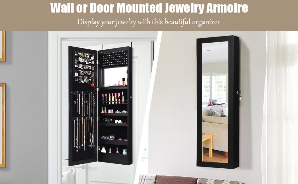Honhorrs LED Mirrored Jewelry Cabinet, Wall or Door Mount with Ring Slots, Necklace Hooks and Lock detail