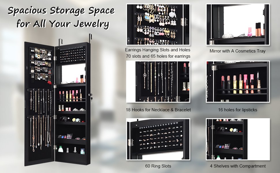 Honhorrs LED Mirrored Jewelry Cabinet, Wall or Door Mount with Ring Slots, Necklace Hooks and Lock detail