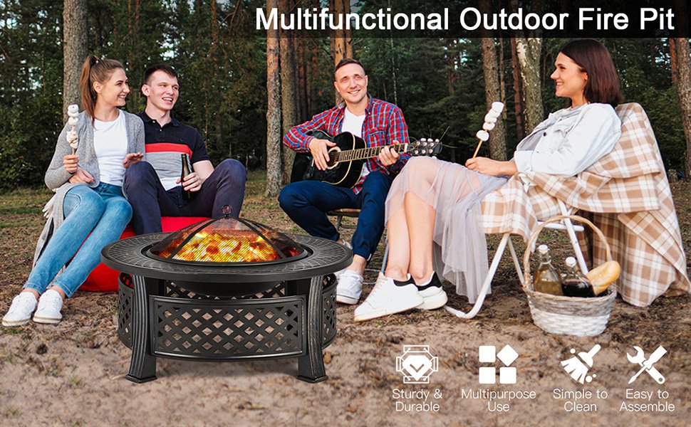 Honhorrs Outdoor Steel Fire Pit, Mesh Spark Screen and Poker with Protective Cover for Garden Use detail