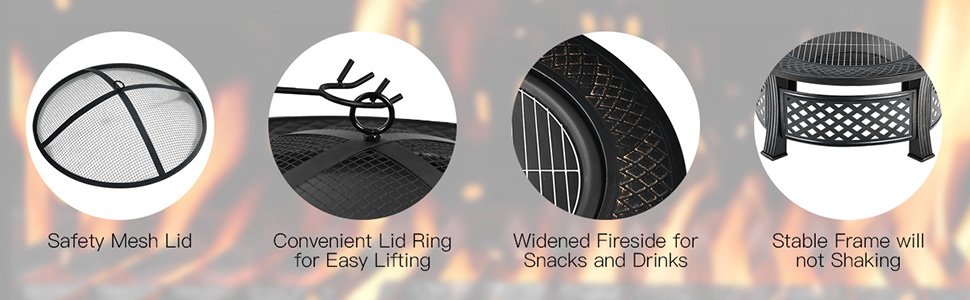 Honhorrs Outdoor Steel Fire Pit, Mesh Spark Screen and Poker with Protective Cover for Garden Use detail