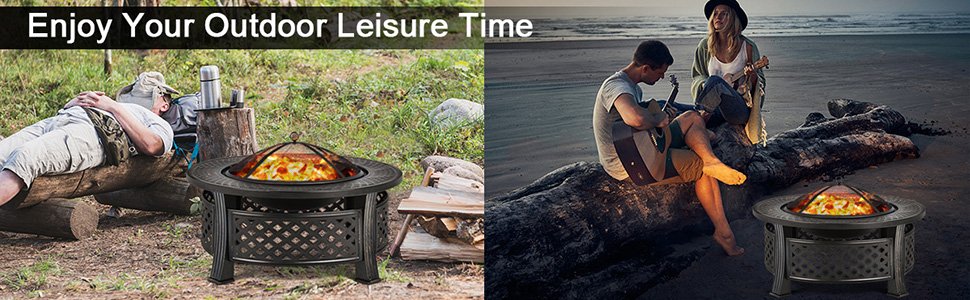 Honhorrs Outdoor Steel Fire Pit, Mesh Spark Screen and Poker with Protective Cover for Garden Use detail