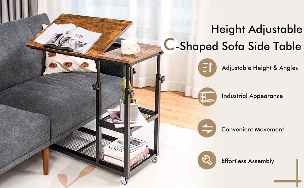 Honhorrs C-Shaped Laptop Side Table: Adjustable Height, Tilting Top, Wire Shelves and Locking Wheels detail