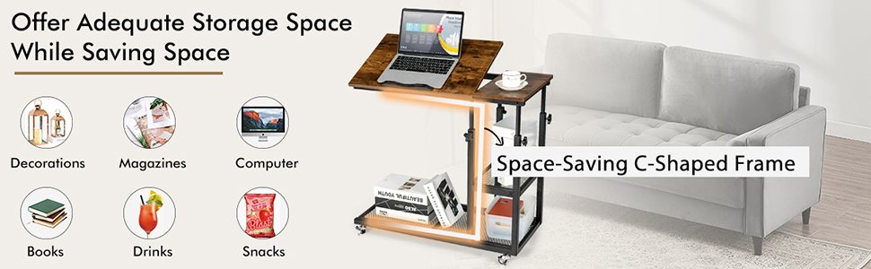 Honhorrs C-Shaped Laptop Side Table: Adjustable Height, Tilting Top, Wire Shelves and Locking Wheels detail