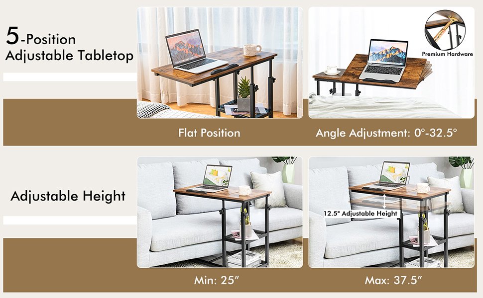 Honhorrs C-Shaped Laptop Side Table: Adjustable Height, Tilting Top, Wire Shelves and Locking Wheels detail