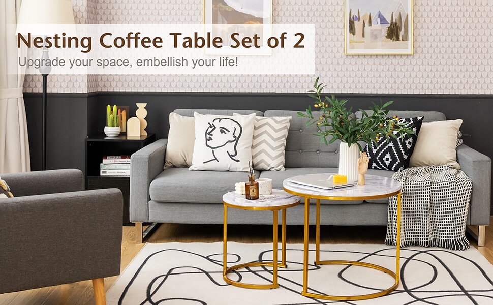 Honhorrs Round Nesting Coffee Tables, Set of Two with Powder-Coated Frames and Adjustable Foot Pads detail