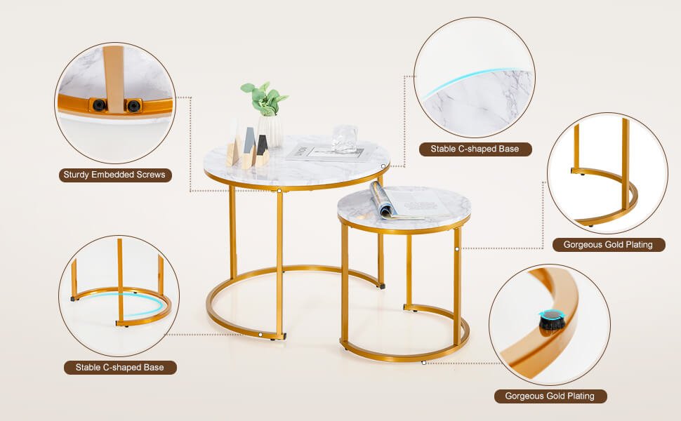 Honhorrs Round Nesting Coffee Tables, Set of Two with Powder-Coated Frames and Adjustable Foot Pads detail
