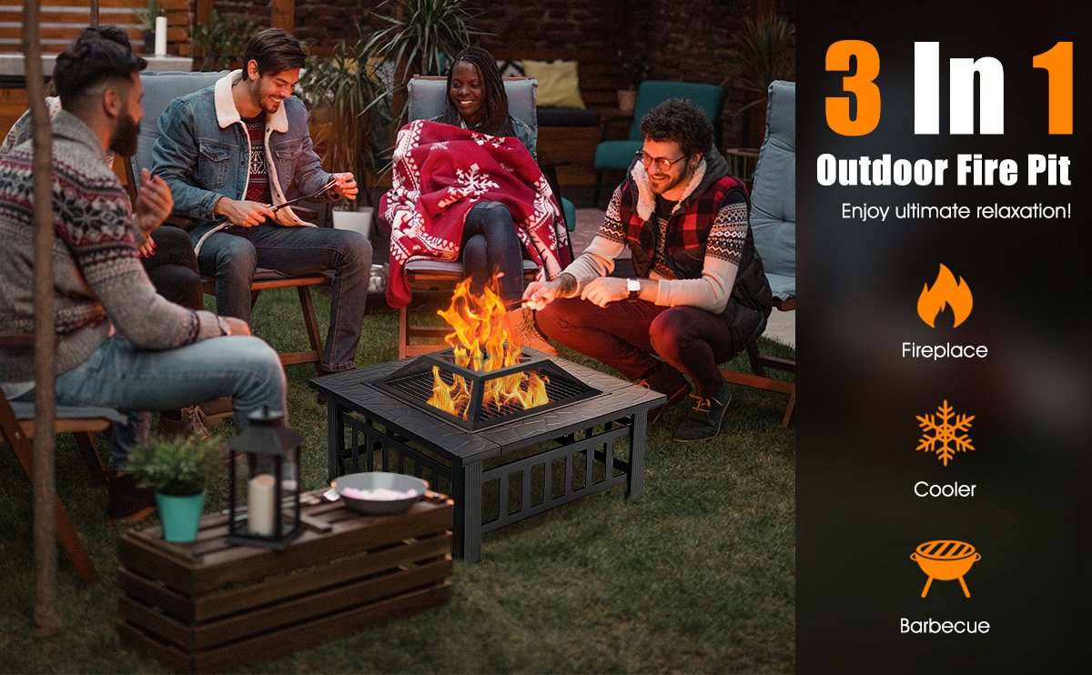 Honhorrs 32-Inch Square Steel Fire Pit, Grill and Ice Bowl with Spark Screen, Poker and Rain Cover detail
