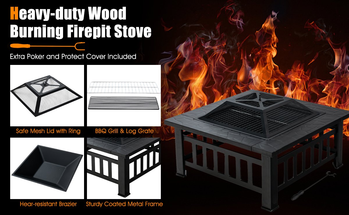 Honhorrs 32-Inch Square Steel Fire Pit, Grill and Ice Bowl with Spark Screen, Poker and Rain Cover detail