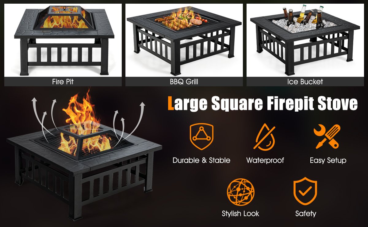 Honhorrs 32-Inch Square Steel Fire Pit, Grill and Ice Bowl with Spark Screen, Poker and Rain Cover detail