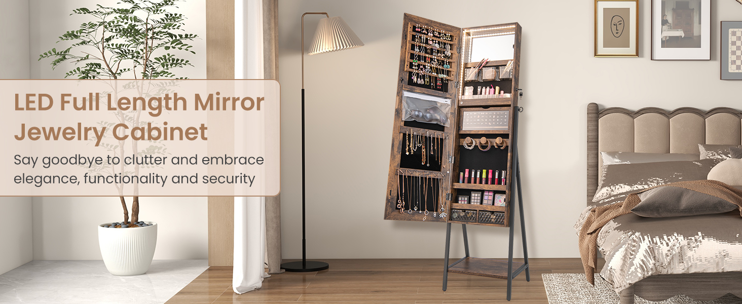 Honhorrs Freestanding Mirror Jewelry Cabinet, Three-Color Interior Lights and Fold-Out Makeup Shelf detail