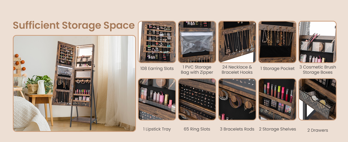Honhorrs Freestanding Mirror Jewelry Cabinet, Three-Color Interior Lights and Fold-Out Makeup Shelf detail