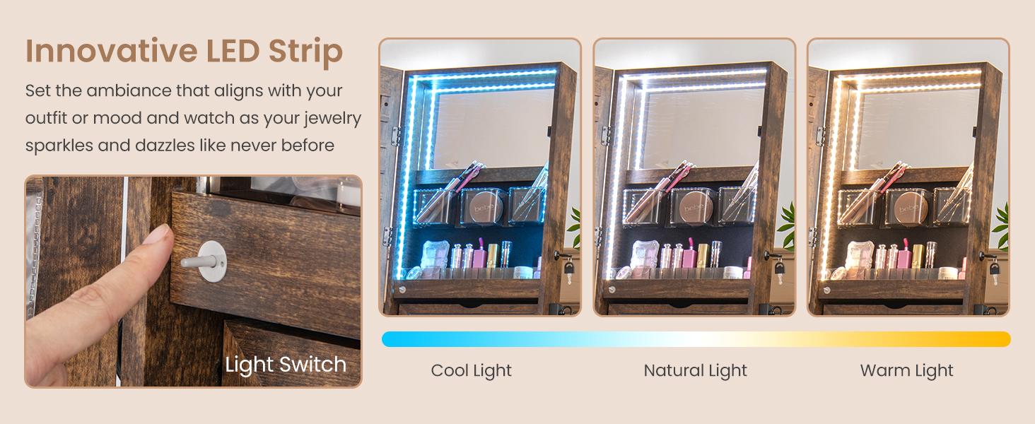 Honhorrs Freestanding Mirror Jewelry Cabinet, Three-Color Interior Lights and Fold-Out Makeup Shelf detail