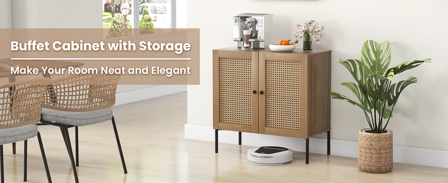Honhorrs Two-Door Rattan-Look Sideboard with PU-Paper Door Finish, Adjustable Shelf and Metal Legs detail