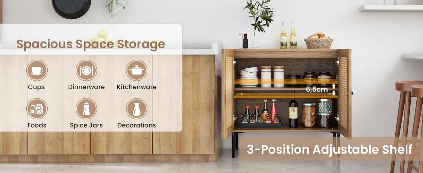 Honhorrs Two-Door Rattan-Look Sideboard with PU-Paper Door Finish, Adjustable Shelf and Metal Legs detail