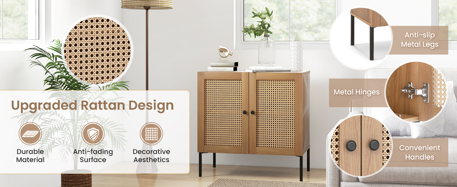 Honhorrs Two-Door Rattan-Look Sideboard with PU-Paper Door Finish, Adjustable Shelf and Metal Legs detail