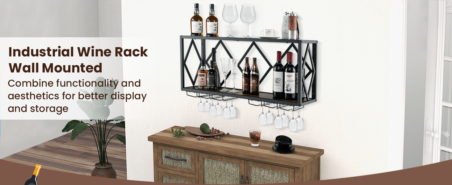 Honhorrs Wall-Mounted Wine Rack for 39 Bottles and 12 Glasses with 6 Rows of Stemware Storage detail