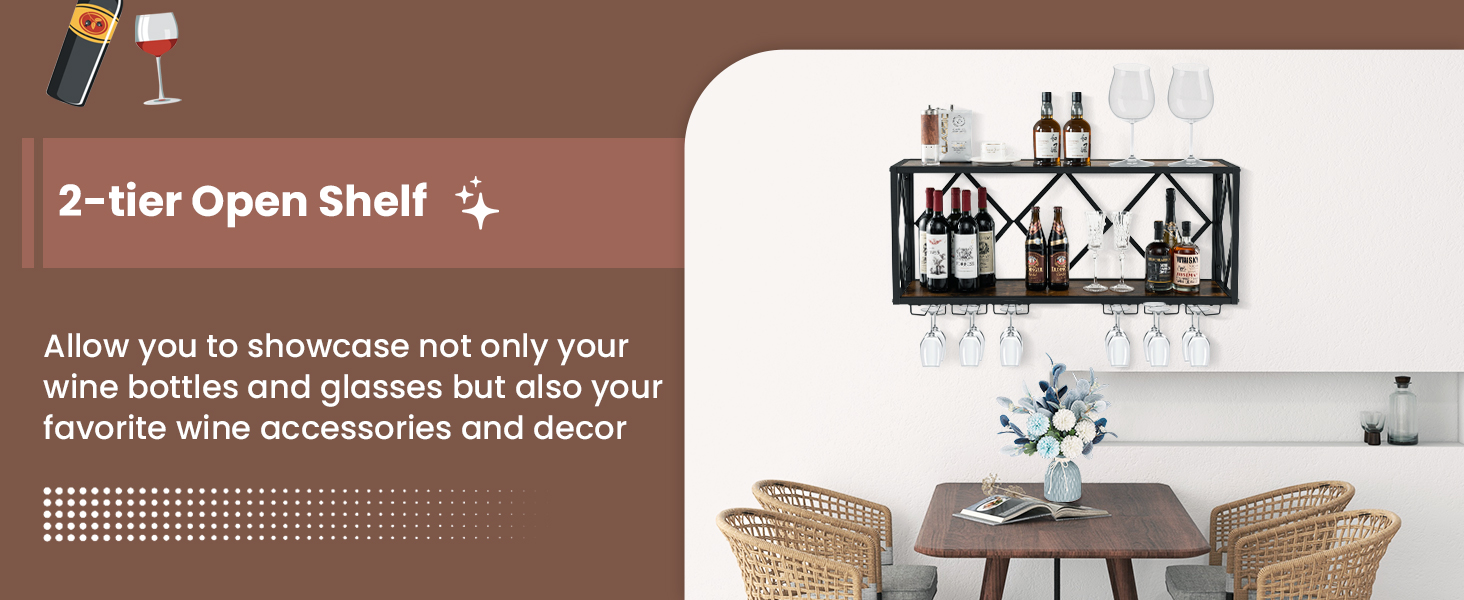 Honhorrs Wall-Mounted Wine Rack for 39 Bottles and 12 Glasses with 6 Rows of Stemware Storage detail