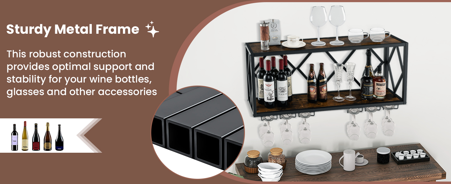 Honhorrs Wall-Mounted Wine Rack for 39 Bottles and 12 Glasses with 6 Rows of Stemware Storage detail