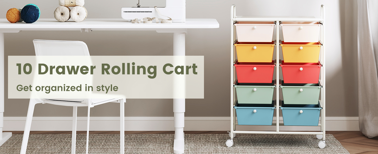 Honhorrs 10-Drawer Rolling Storage Cart with Mesh Top Platform, Metal Frame and Lockable Wheels detail