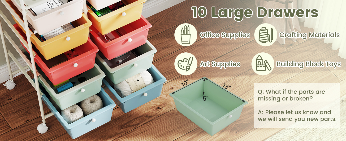 Honhorrs 10-Drawer Rolling Storage Cart with Mesh Top Platform, Metal Frame and Lockable Wheels detail