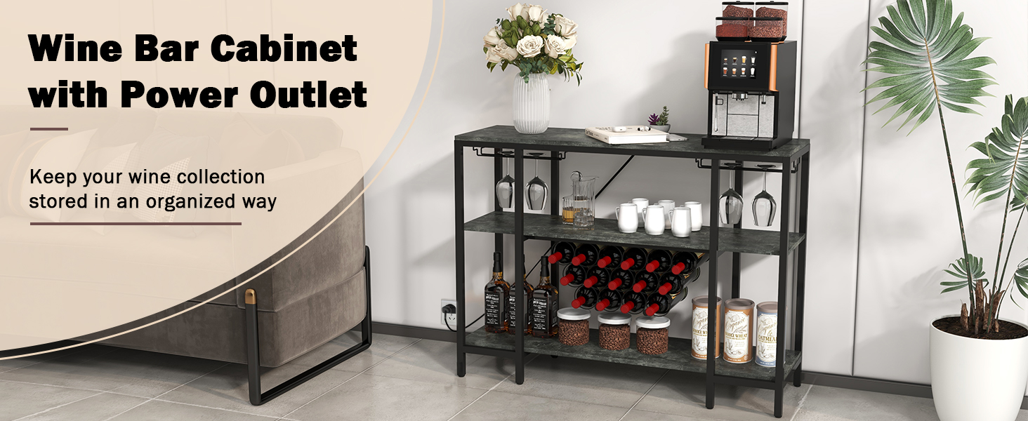 Honhorrs Industrial Wine Bar Cabinet, Fifteen-Bottle Rack with Stemware Storage and USB Charging detail