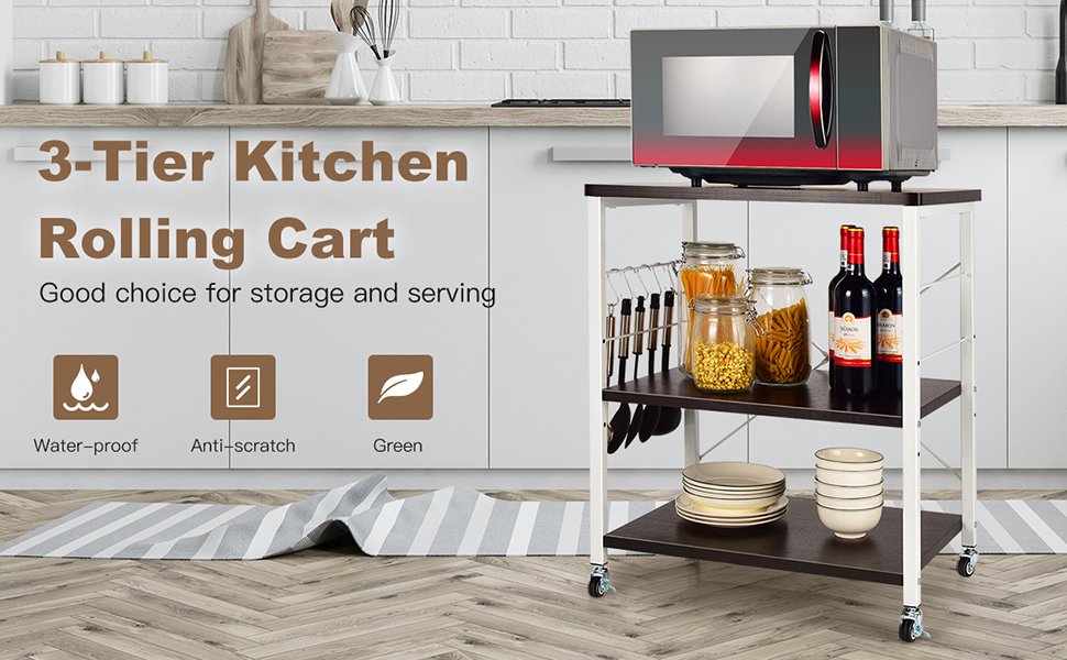 Rolling Kitchen Storage by Honhorrs, Three Shelves with Ten Utensil Hooks and Four Swivel Wheels detail