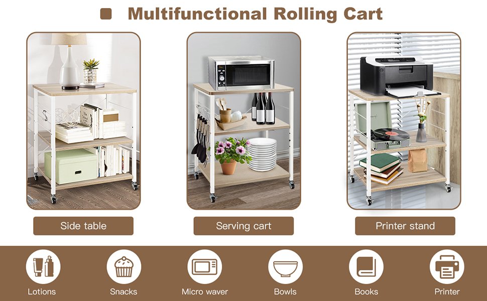 Rolling Kitchen Storage by Honhorrs, Three Shelves with Ten Utensil Hooks and Four Swivel Wheels detail