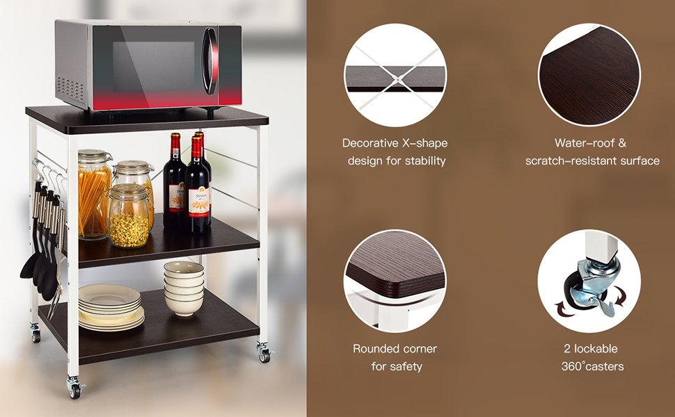 Rolling Kitchen Storage by Honhorrs, Three Shelves with Ten Utensil Hooks and Four Swivel Wheels detail