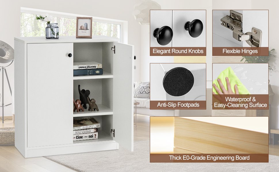 Honhorrs Two-Door Kitchen Base Cabinet with Three Interior Storage Tiers, Soft-Close Hinges and Feet detail