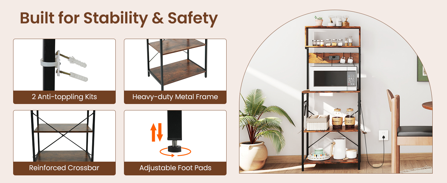 Honhorrs 60-Inch Kitchen Microwave Stand with 4 Open Shelves, Power Strip and 10 Hanging Hooks detail