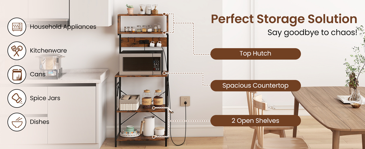 Honhorrs 60-Inch Kitchen Microwave Stand with 4 Open Shelves, Power Strip and 10 Hanging Hooks detail