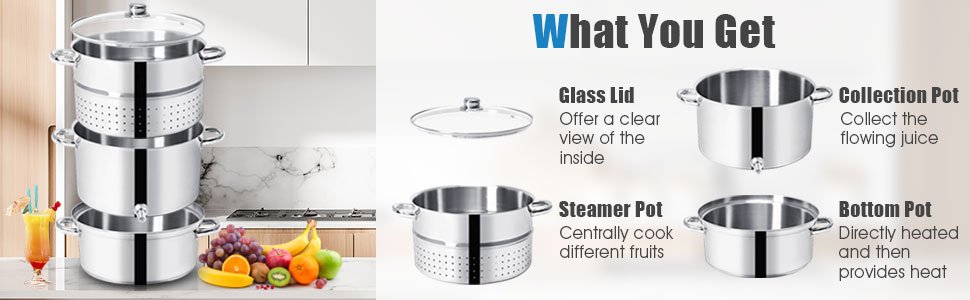 Honhorrs Stainless Steel Steam Juicer, Eleven-Quart Upper Colander with Glass Lid and Loop Handles detail